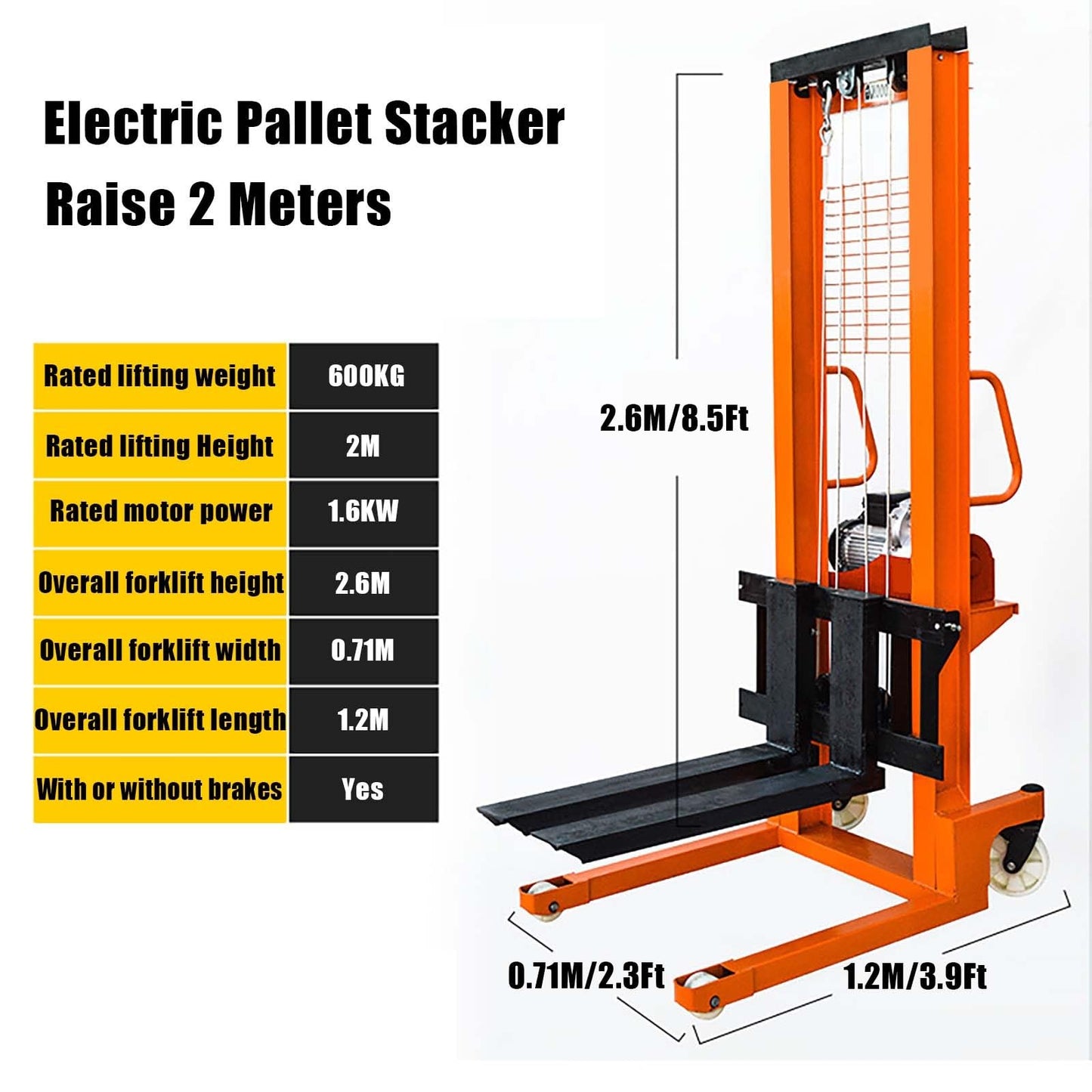Electric Pallet Stacker,Electric Forklift,Material Hoist,with Adjustable Forks,for Open Bottom Pallets,Capable of Boarding Trucks Pallet(Lifting 6.56FT/1322lbs)