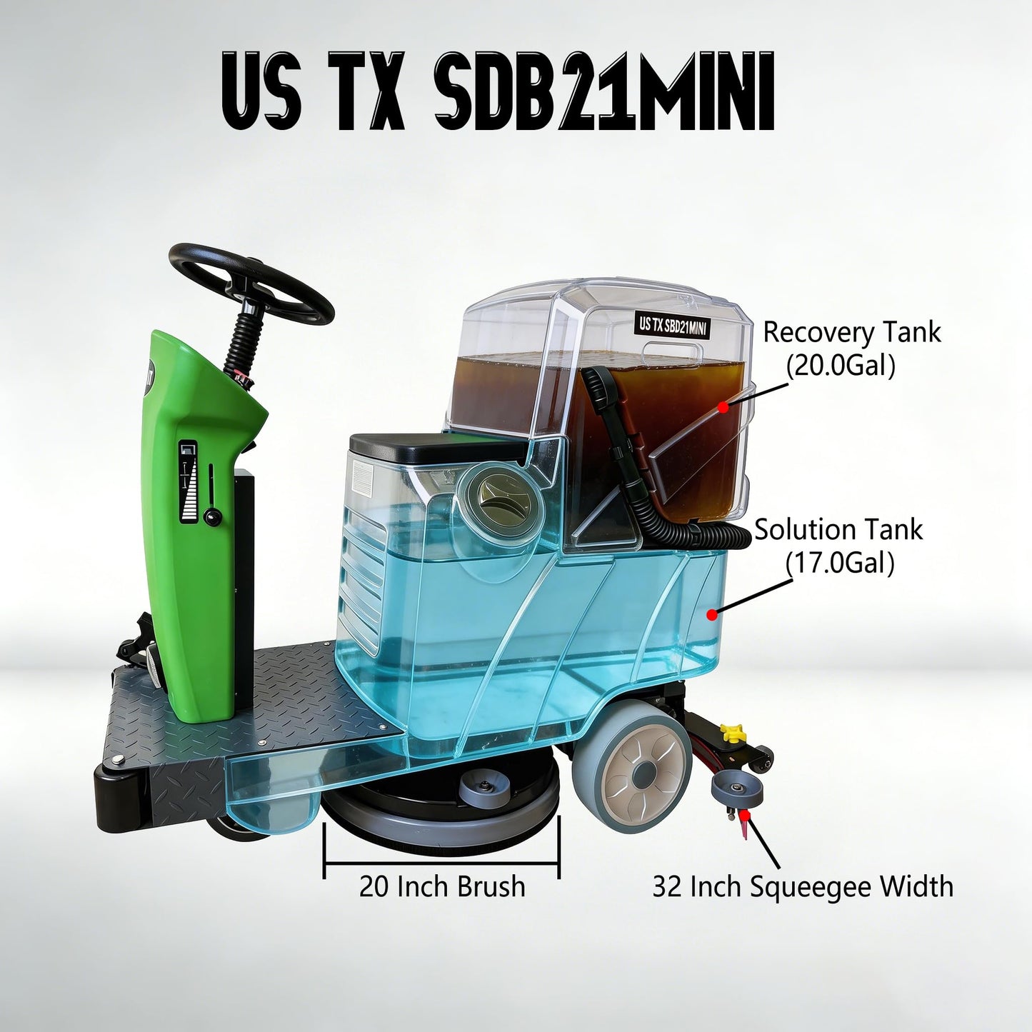 Ride-On Commercial Floor Scrubber Machine, 20″ Cleaning Width, 24V Battery Powered Scrubber Dryer with 17 Gal Tanks for Warehouse, Retail & Facility Cleaning (US-TX-SDB21MINI)