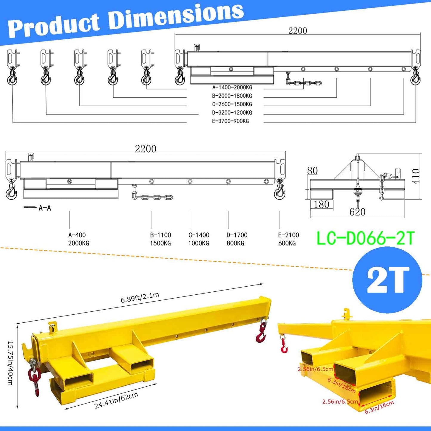 BEILOCKERY Forklift Jib Crane 4400lbs/2 Ton Capacity, Telescopic Boom with Transverse & Longitudinal Direction, Adjustable Mobile Hoist with Truss Boom & 2 Hooks, Max Reach 145.2 Inches