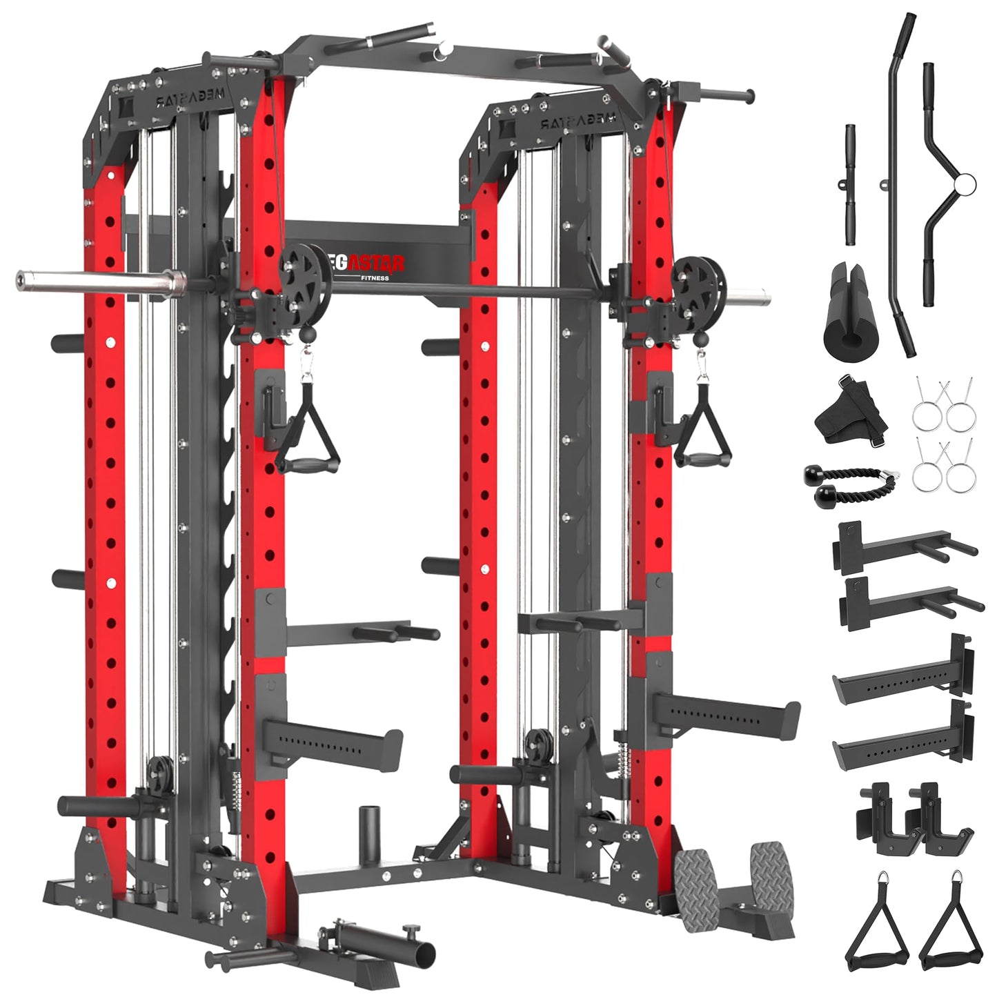 MEGASTAR FITNESS Smith Machine, 2600LBS Squat Rack, 7-in-1 Home Gym Cage with Adjustable Safety Bars, Pull-Up & LAT Pulldown