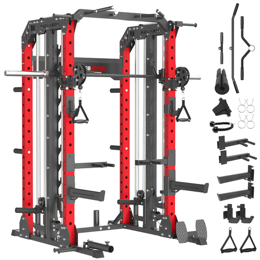 MEGASTAR FITNESS Smith Machine, 2600LBS Squat Rack, 7-in-1 Home Gym Cage with Adjustable Safety Bars, Pull-Up & LAT Pulldown