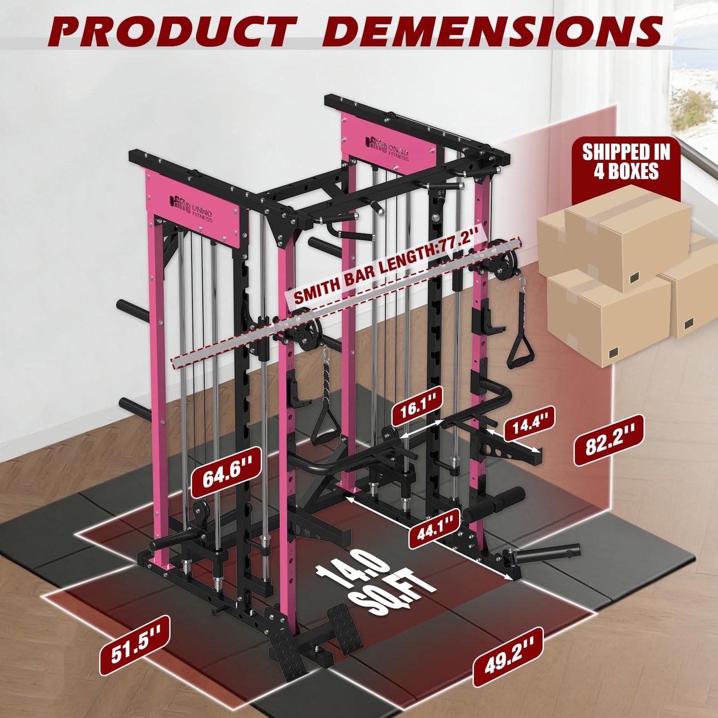 ONNO Smith Machine, 2200lbs Squat Rack with LAT-Pull Down & Cable Crossover System, Multi-Function Power Cage for Home Gym with Leg Hold-Down Attachment Pink