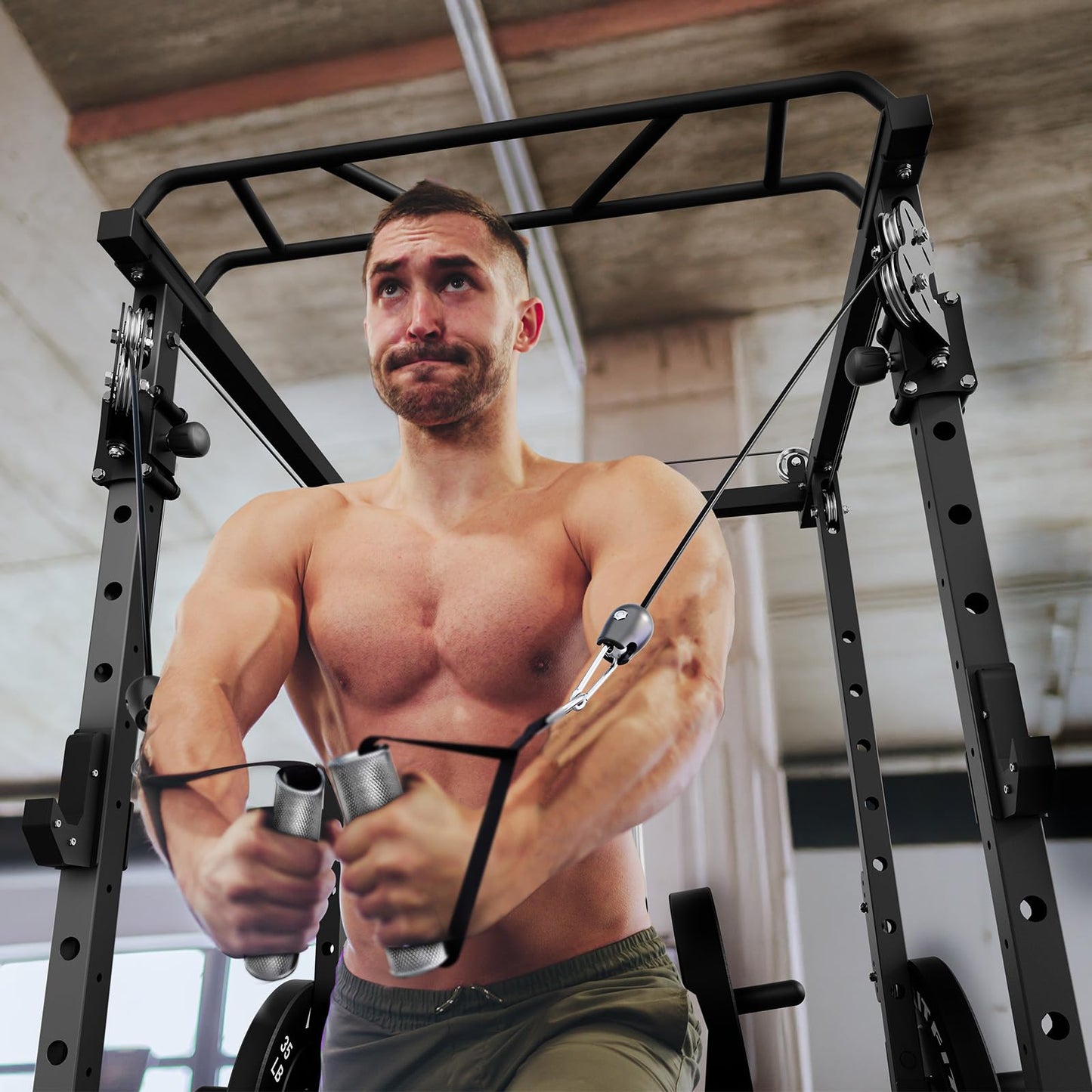 RitFit Squat Rack Power Cage Home Gym Package, Includes 1200LBS Power Rack with Cable Crossover System, Weight Bench, Weight Plate Set with Olympic Barbell (Package 1.7K (Bumper Plate 230LBS))-Black
