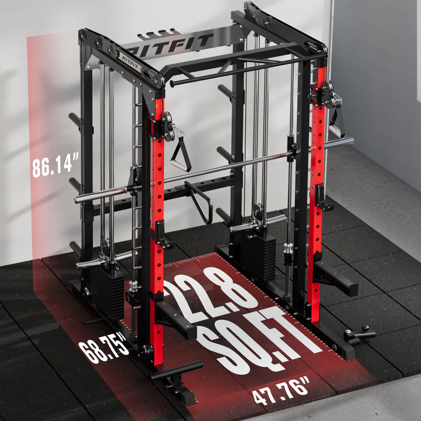 RitFit M2 Smith Machine with with Cable Crossover System, 3D Functional Trainer & Power Cage, 16 Adjustment Holes, 6 Storage Pegs for Full-Body Home Gym(M2 Pro Red)