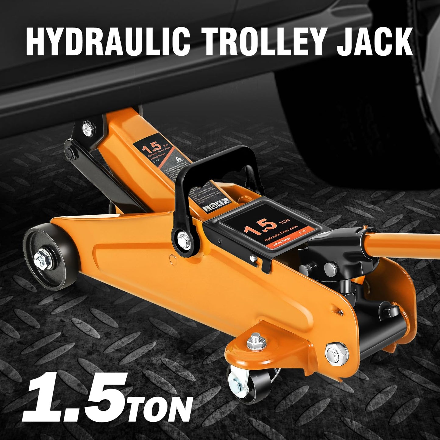 DNA Motoring Low Profile Hydraulic Trolley Service/Floor Jack, 1.5 Ton (3000 lbs) Capacity, Lifting Range 5.3"-12", Orange, TOOLS-00326-OG