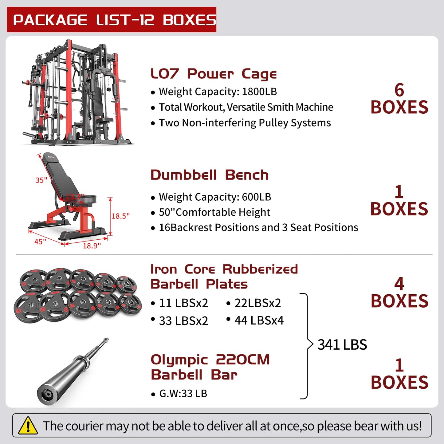 Multi-Purpose Squat Rack,Smith Machine Weight Rack Set with Cable Crossover System, Home Gym Power Racks, Power Racks and Packages (L07 two users, Power cage Red+bench+(pole+Cast lron)338LBS)
