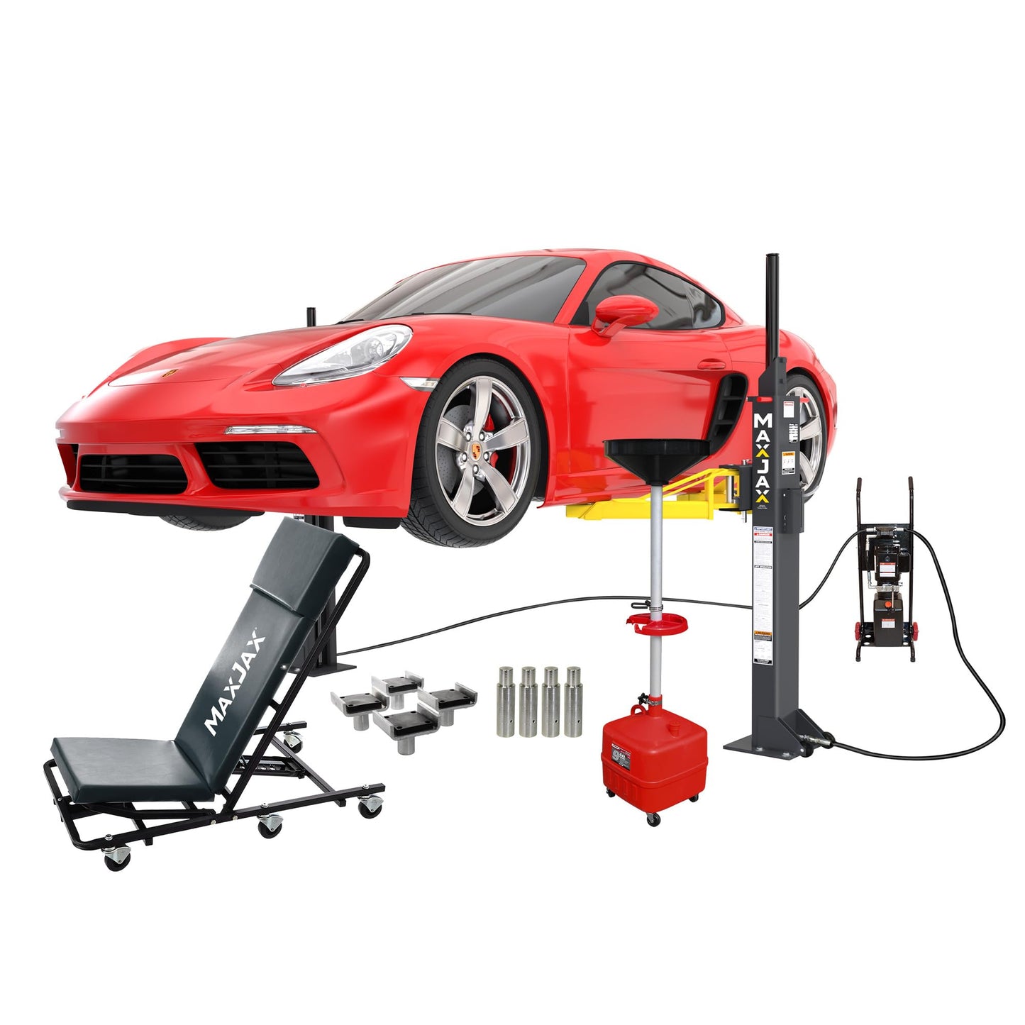 Maxjax M7K Portable Two Post Garage Lift - Ultimate Package Including Oil Drain, Adapters and Creeper Seat - 7,000lb Capacity.