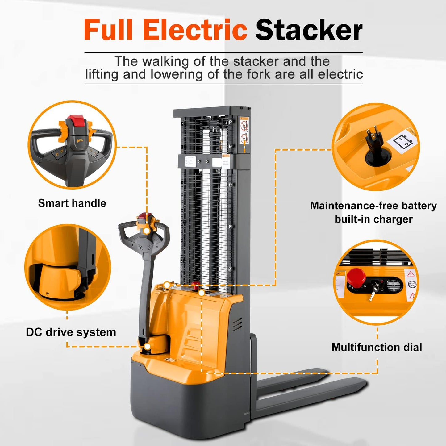 ToryCarrier Full Electric Walkie Pallet Stacker Material Lifting Tools with Fixed Legs 2640lbs Capacity Max Lift 118”Height