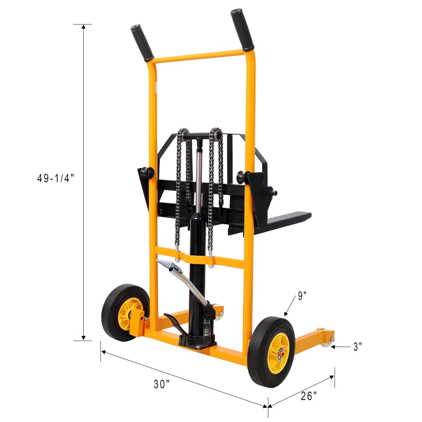 Hydraulic Manual Forklift Pallet Stacker Forks 440 lbs Load Capacity Steel Material with Swivel Casters Rear Rubber Tires 30" x 26" x 49.25"H Heavy Duty Dolly Hand Truck Transporter Yellow
