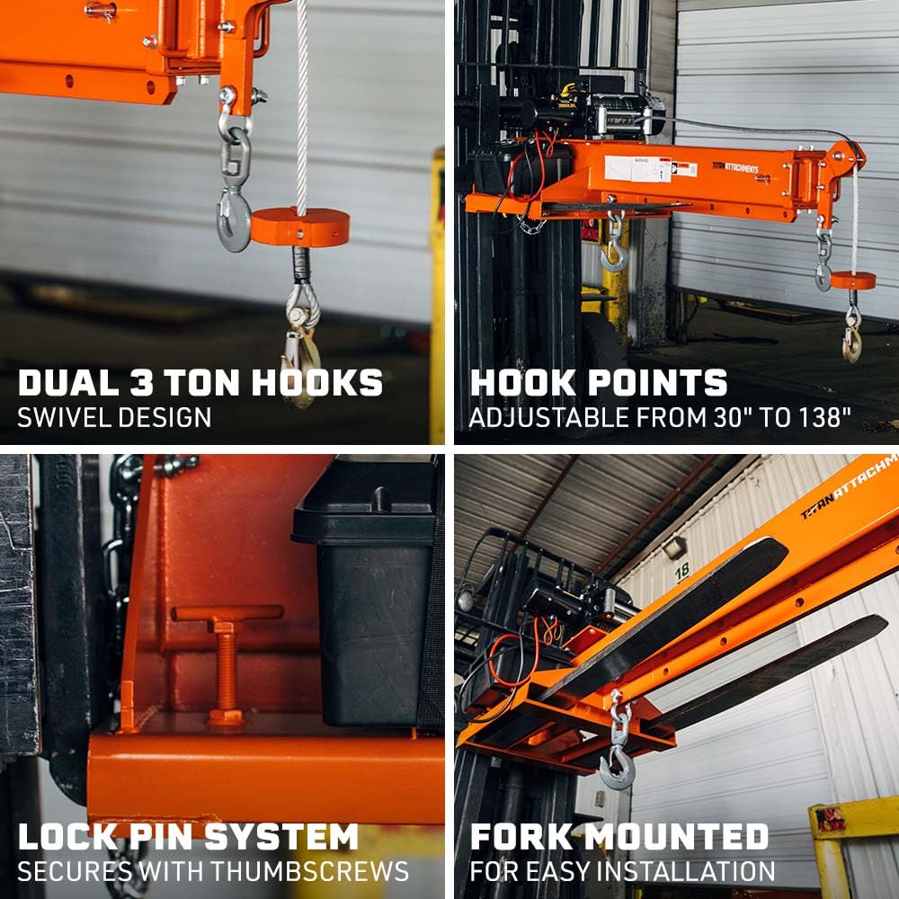 Titan Attachments Fork-Mounted Adjustable Hoist Jib Boom Crane with Electric Winch, Wired and Wireless Controllers, Manual Telescoping Boom Extends Up to 138", 6600 LB Lift Capacity