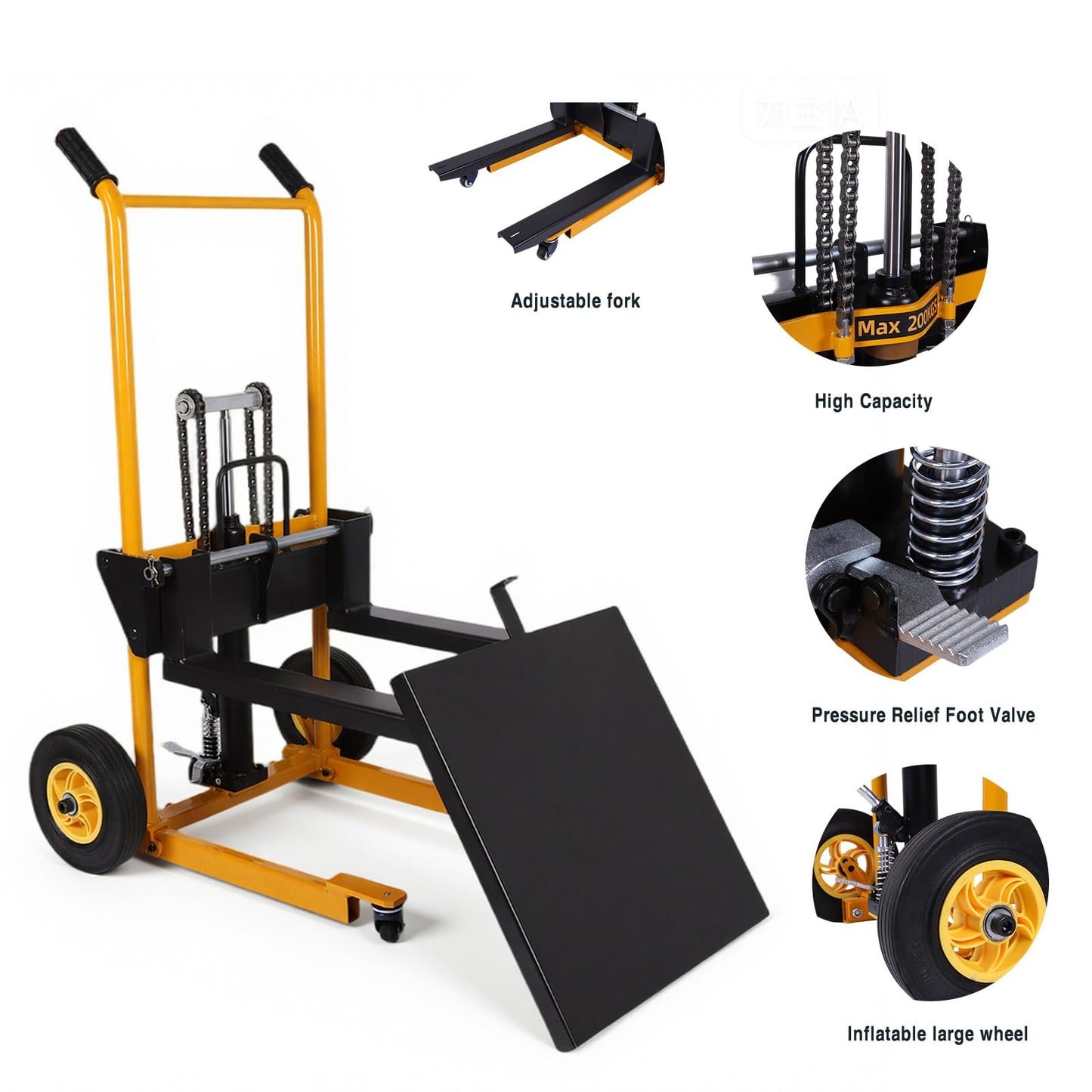 450lbs Capacity Forklift & Manual Hydraulic Lift Table Cart, 2-in-1 Foldable Pallet Jack Stacker, Portable Hand Push Truck with Adjustable Forks & Swivel Wheels for Warehouse, Garage, Factory