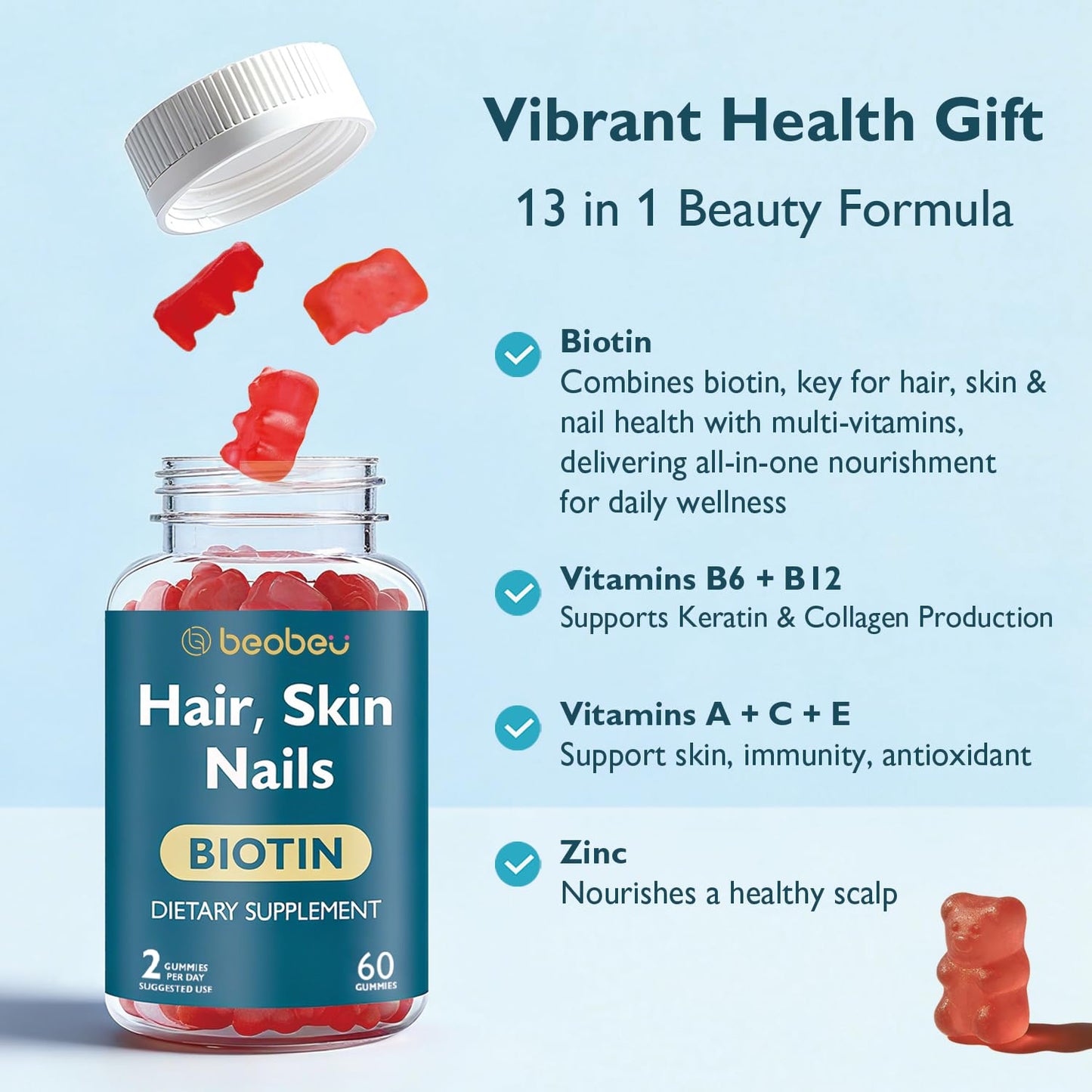 beobeu Hair Skin and Nails Biotin Gummies, Supports Hair Growth, Healthy Skin & Stronger Nails, Vegan Hair Vitamins for Women & Men, 30 Day Supply, Raspberry, 60 Count