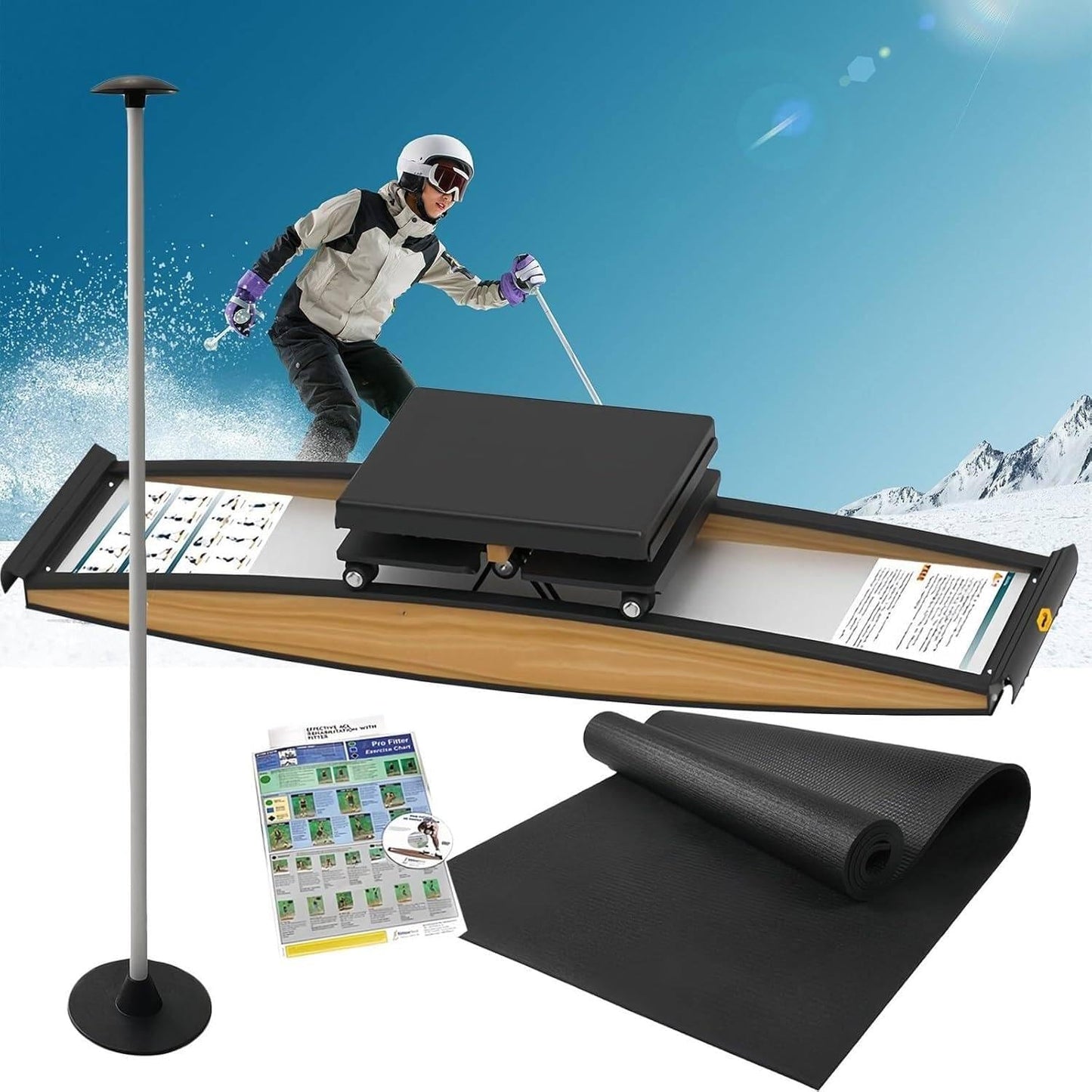 Ski Training Machine, Leg Trainer for Strength and Balance, Simulated Ski Exercise Equipment with Ski Poles and Mats, Supports 330Lb Load