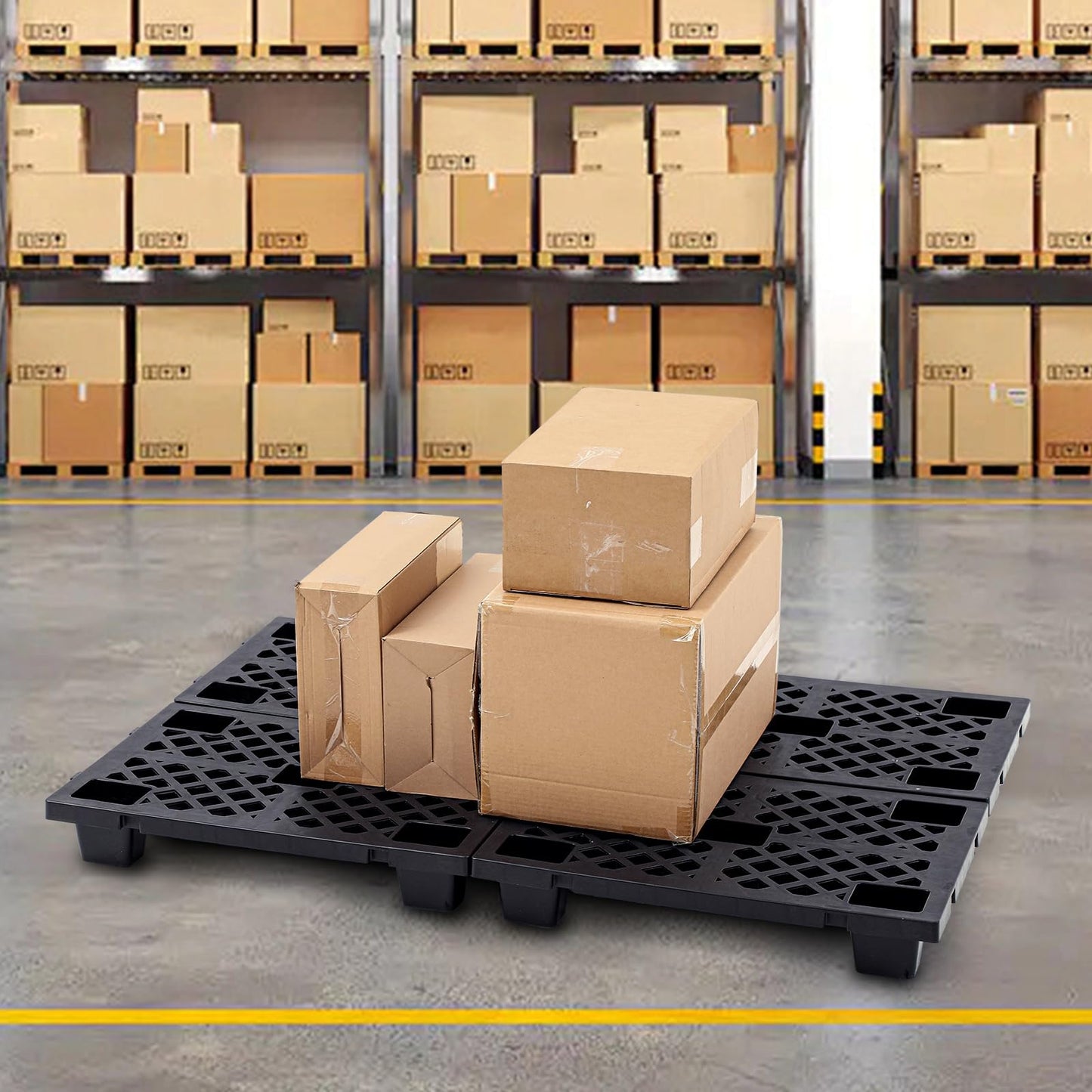 Singhoow 8 Pcs Plastic Pallets for Basement Storage Nestable Moisture Waterproof Lightweight Floor Pallets with Breathable Grid for Indoor Outdoor Supermarket Warehouse (23.6 x 15.8 x 3.9 Inch,Black)