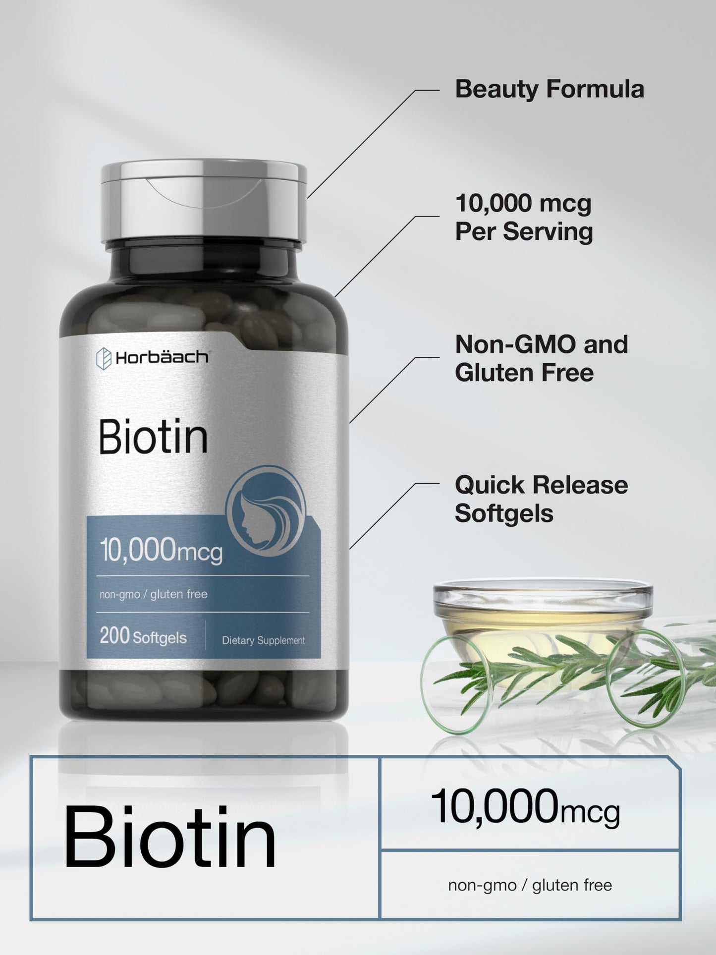 Horbaach Biotin 10000 mcg | 200 Softgels with Vitamin B7 | Beauty Formula Supplement | Non-GMO & Gluten Free