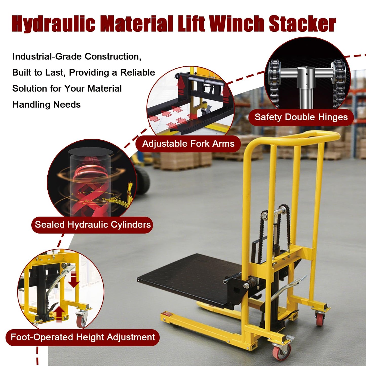 Hydraulic Material Lift Winch Stacker, Double-Support Pallet Truck, Capacity Pallet Truck Dolly, Manual Forklift Stakcer, 35" Max Lift w/ 3.6" Wheels 360° Swivel Casters, Adjustable Forks