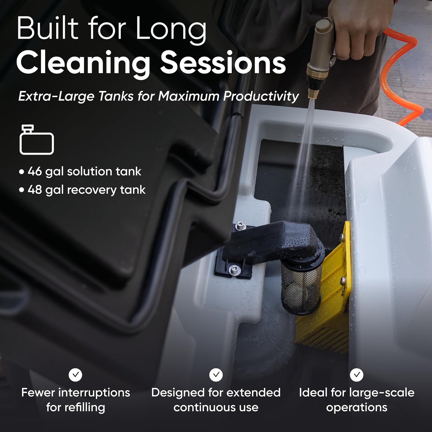 Battery Powered Ride-On Commercial Floor Scrubber Machine, 38" Brush, 48" Squeegee Width, 46 gal Solution Tank, 48 gal Recovery Tank, 5 hr Use 8 hr Charge, 180 RPM, 84,000 Sqft/H, Batteries Included