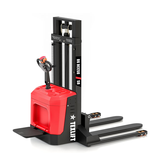 Full Electric Forklift Walkie Pallet Stacker with Stand - Fixed Straddle Legs and Adjustable Forks 5.50 Inch to 27 Inch – Material Lifter 3300lbs Capacity 8Ft/98 Inch Lifting Heights (US-DS33K-98)