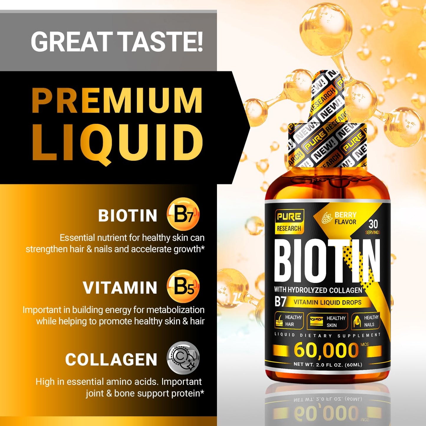 PURE RESEARCH Liquid Biotin & Collagen Hair Growth Drops 60,000mcg – Biotin and Liquid Collagen Supplements for Women & Men – Supports Glowing Skin, Healthy Hair & Nail Growth (2Fl Oz)