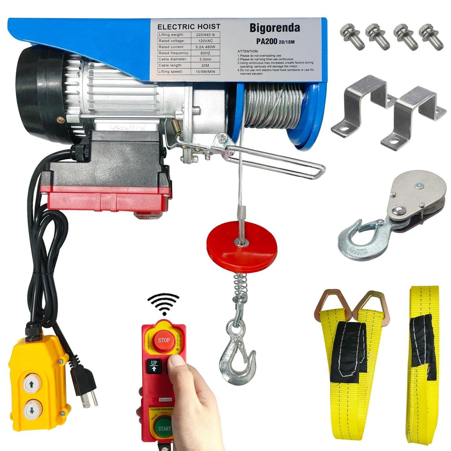 Bigorenda 440lb Electric Hoist with Remote Control/Wired Control, Electric Hoist 2 in 1, 110v Electric Hoist with Single/Double Slings,65.6/33ft Lifting Height, for Factory Attic Garage Warehouse