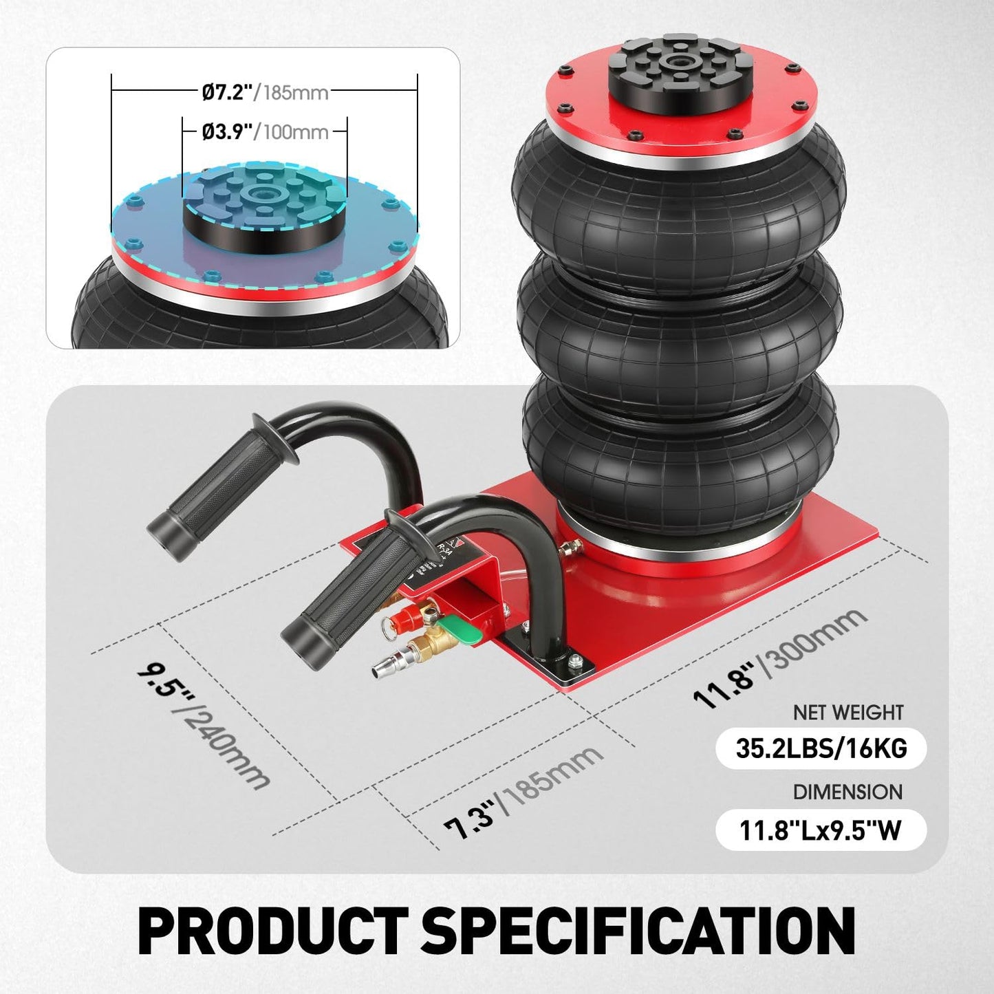 DNA Motoring Air Jack 3.5 Ton / 7700lbs Triple Bag Airbag Jack with Short-Handle, 3-5 s Fast Lifting Pneumatic for Cars,Trucks, Garage, Repair, Lifting up to 14.3", TOOLS-00686