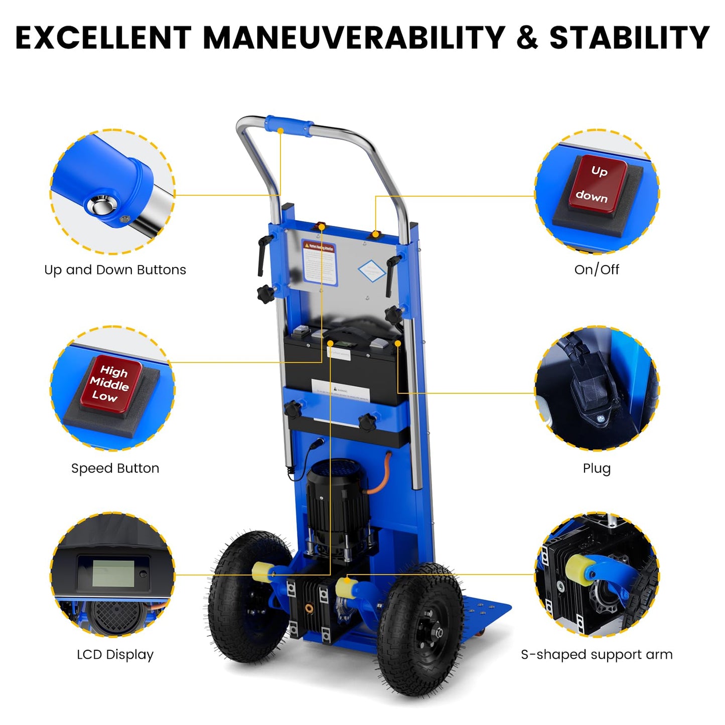 Electric Stair Climbing Dolly, 1200w Electric Hand Trucks Foldable, Large Capacity Stair Climbing Hand Trucks Dolly Cart with 4m Safety Rope, for Mobile Furniture Logistics Warehouse (Blue)