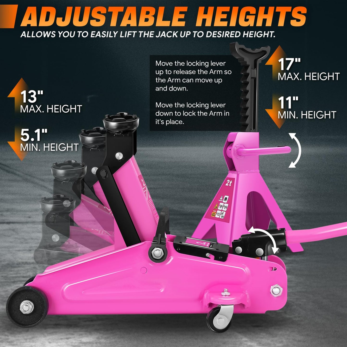 PM PERFORMOTOR Low Profile Hydraulic Trolley Service/Floor Jack Combo with 2 Ratchet Jack Stands, 2 Ton (4000 lbs) Capacity, Purple, PM-TOL-FJ3P-PR