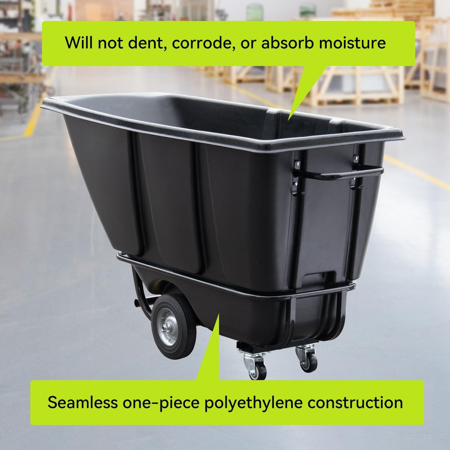 Fworkleft Tilt Dump Truck 850 lbs Capacity, 1/2 Cu.Yd Heavy Duty Trash Cart with Wheels, Forklift-Able Frame, Plastic Utility Dump Cart for Construction, Warehouse & Industrial Use (4-Pack)