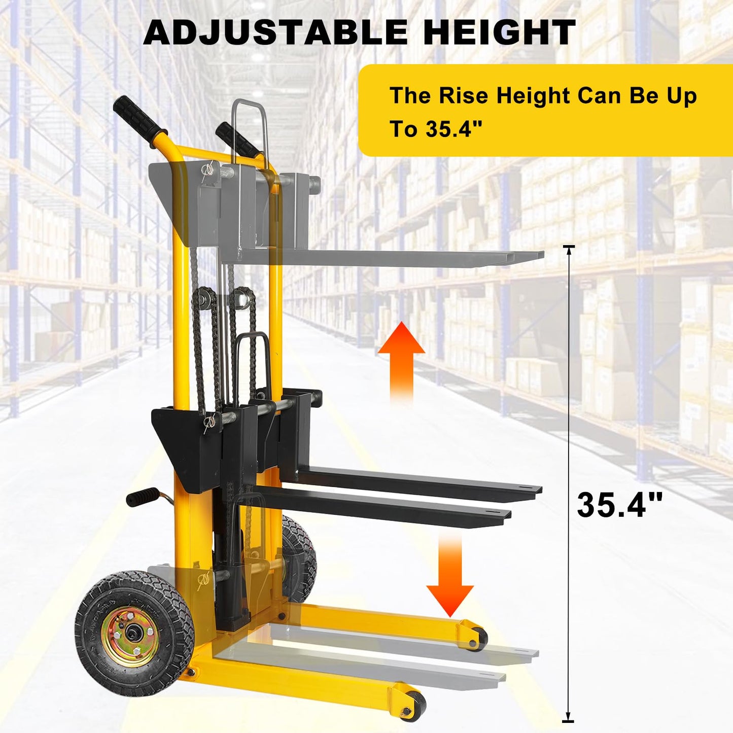 Legines Foldable Hydraulic Material Lift Manual Lift Stacker Forklift Pallet Stakcer 450 lbs Capacity 36" Lift Height with Adjustable Forks and Fixed Legs (Pneumatic Tire Wheel)