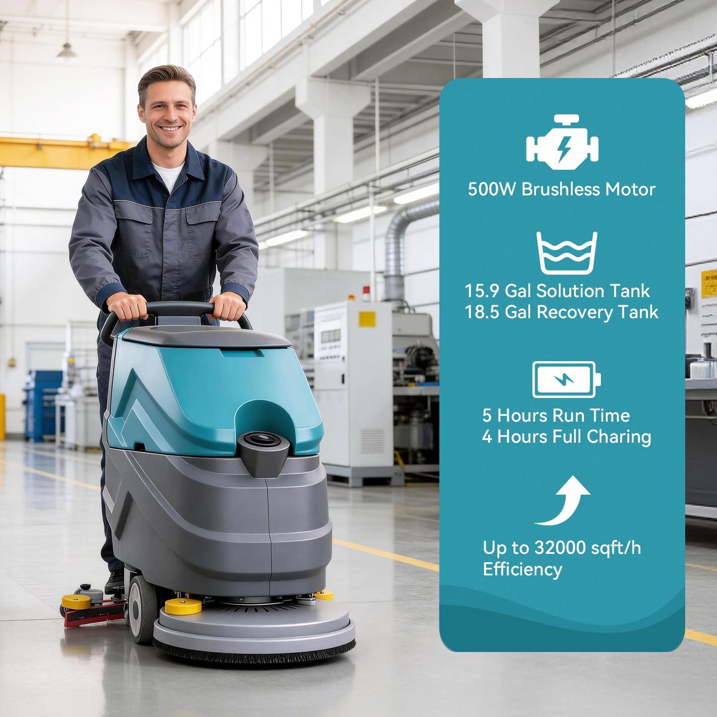 KARHDIR Walk Behind Commercial Floor Scrubber Machine, 22" Rotary Disc Brush, 31.5" Squeegee Width, 18.5-gal Sewage Tank, 15.9-Clear Water Tank,32000 sqft/h, High Efficiency for Large Areas