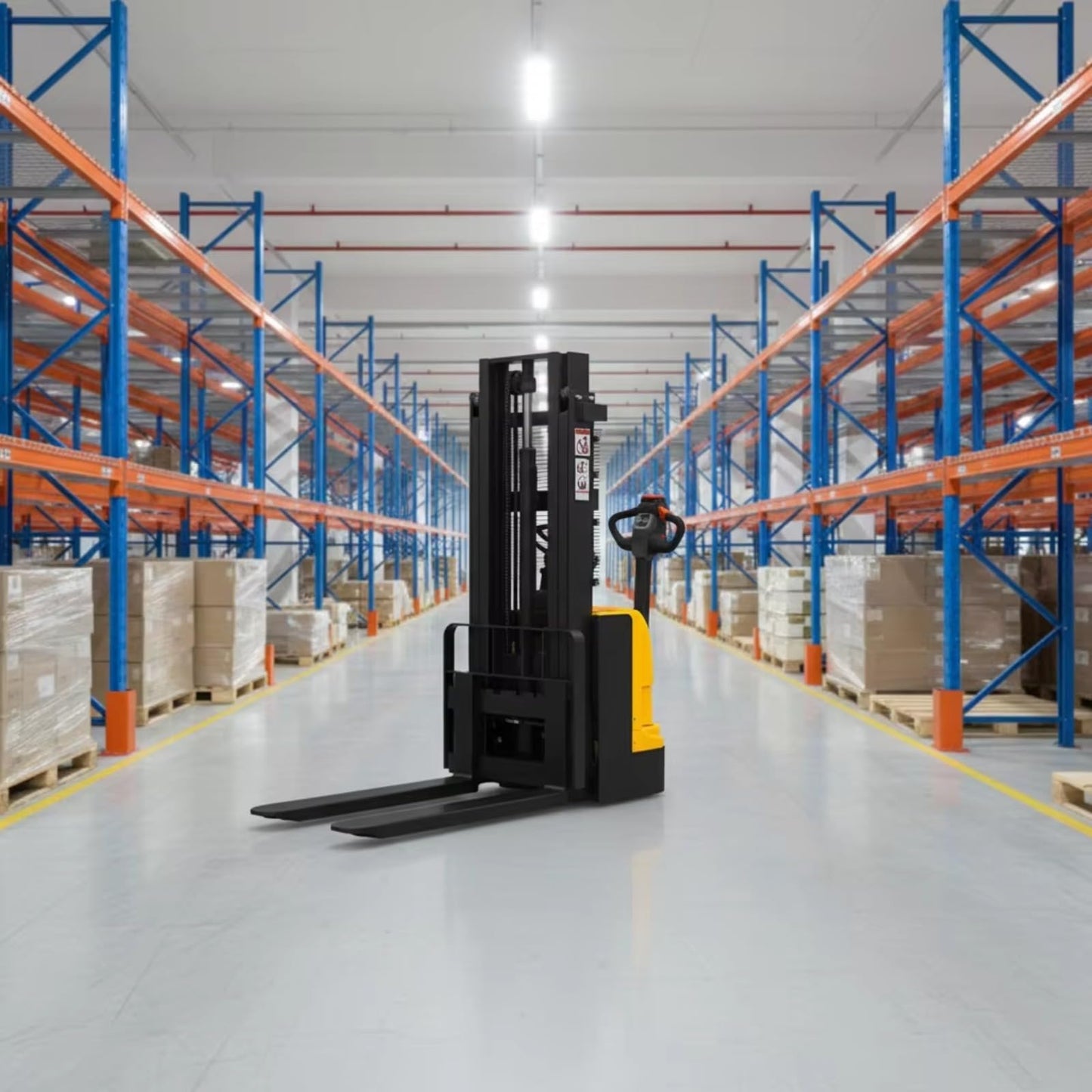 Electric Pallet Stacker Forklift – 1.5 Ton Capacity Lift Truck for Warehouse & Industrial Use – Powered Stacker for Heavy Duty Material Handling in Tight Spaces