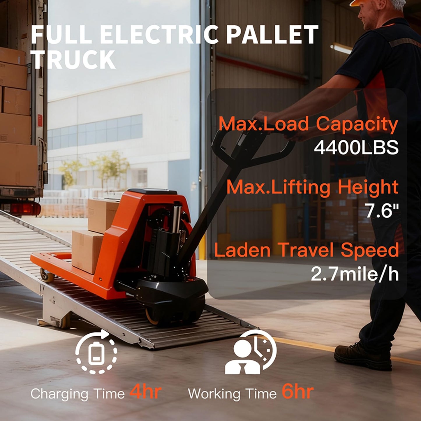 Full Electric Pallet Jack, 4400lbs Capacity Pallet Truck, 48V 20AH Lithium Powered Pallet Truck, 6 Hours Working Time, 3.35 to 7.68 Inch Lift Height, 48 x 27 Inch Fork Size, for Material Handling