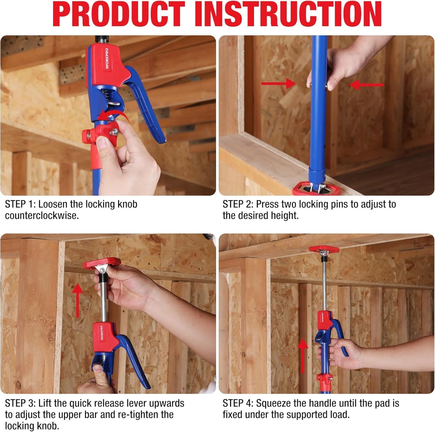 WORKPRO Cabinet Jack Support Pole, 18.5" to 29.5" Steel Telescopic Quick Support Rod Adjustable 3rd Hand Support System with 154 lbs Capacity for Cabinet Jack, Drywall Jack& Cargo Bars, 4-Pack