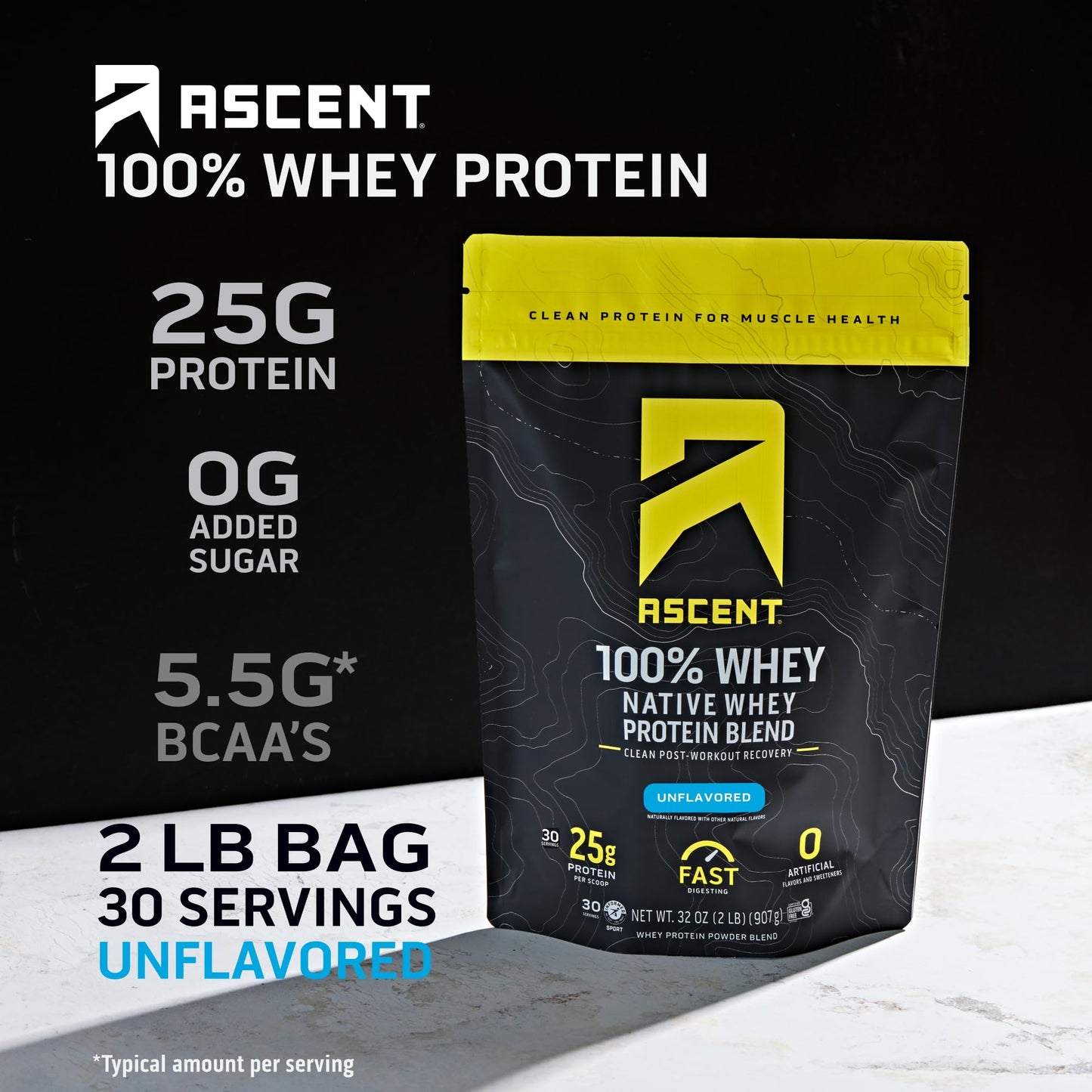 Ascent 100% Whey Protein Powder - Post Workout Whey Protein Isolate, Zero Artificial Flavors & Sweeteners, Gluten Free, 5.5g BCAA, 2.6g Leucine, Unflavored 2 lb