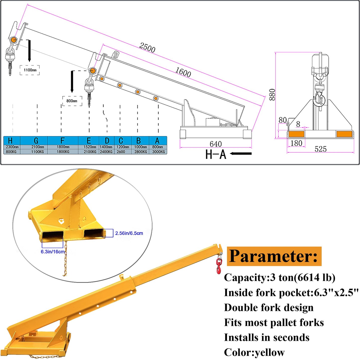 HQHAOTWU Forklift Jib Boom Crane 6600lbs Capacity Telescoping Mobile Crane Industrial Adjustable Forklift Lifting Hoist Truss Jib Boom Hook Manual Telescopic 63in-98in for Warehouse & Factories