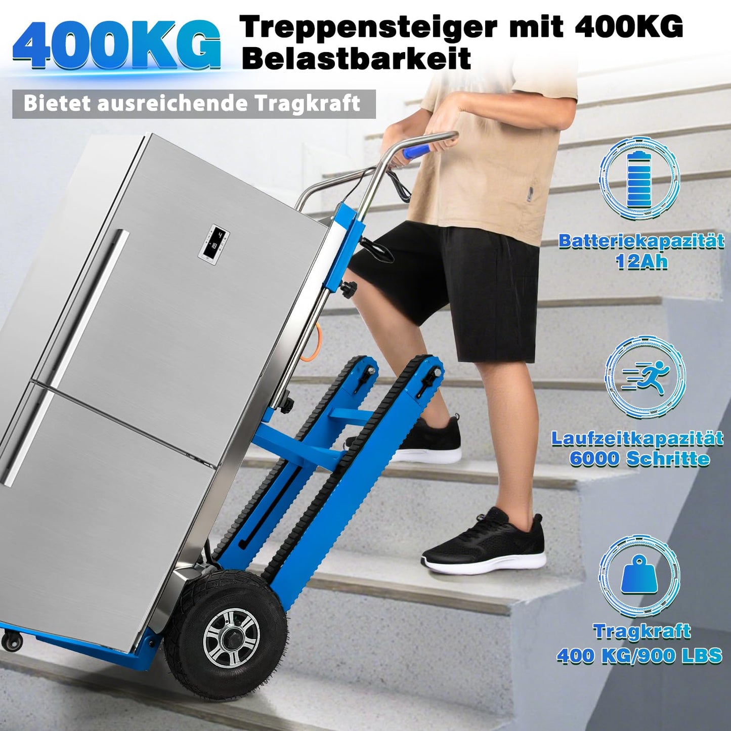 Electric Stair Climbing Dolly, 1250W Electric Hand Truck with Telescopic Handle, 3 Mode Folding Stair Climber 900lbs Max Load Capacity for Effortless Moving of Furniture (Blue - Track & Wheel)