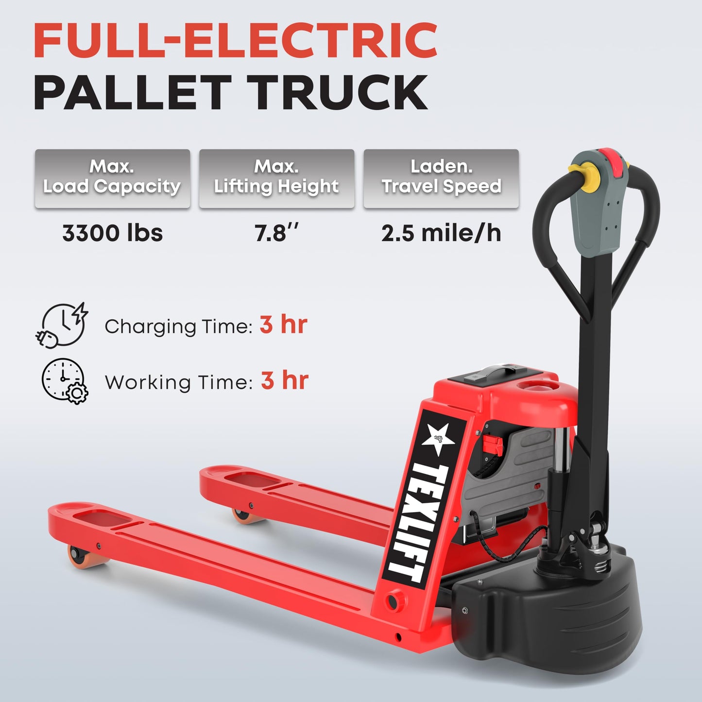 TEXLIFT Full Electric Forklift Walkie Pallet Stacker 3300 Lb Capacity 98 Inch Lifting Height and Full Electric Power Pallet Jack 3300 Lb Capacity 48” L x 27” W Fork Size