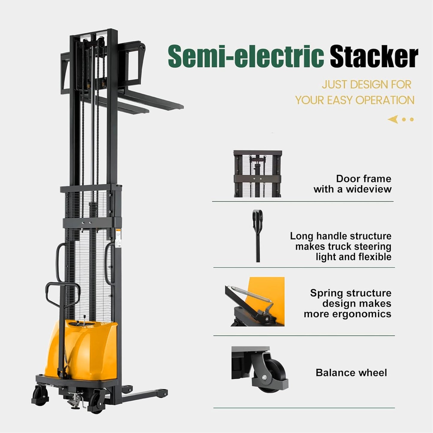 Tory Carrier Semi-Electric Pallet Stacker, Pallet Forklift with Fixed Legs & Straddle Forks 3300lbs Load Capacity 118" Max. Lifting Height, Material Lift Adaptable for Euro Pallets