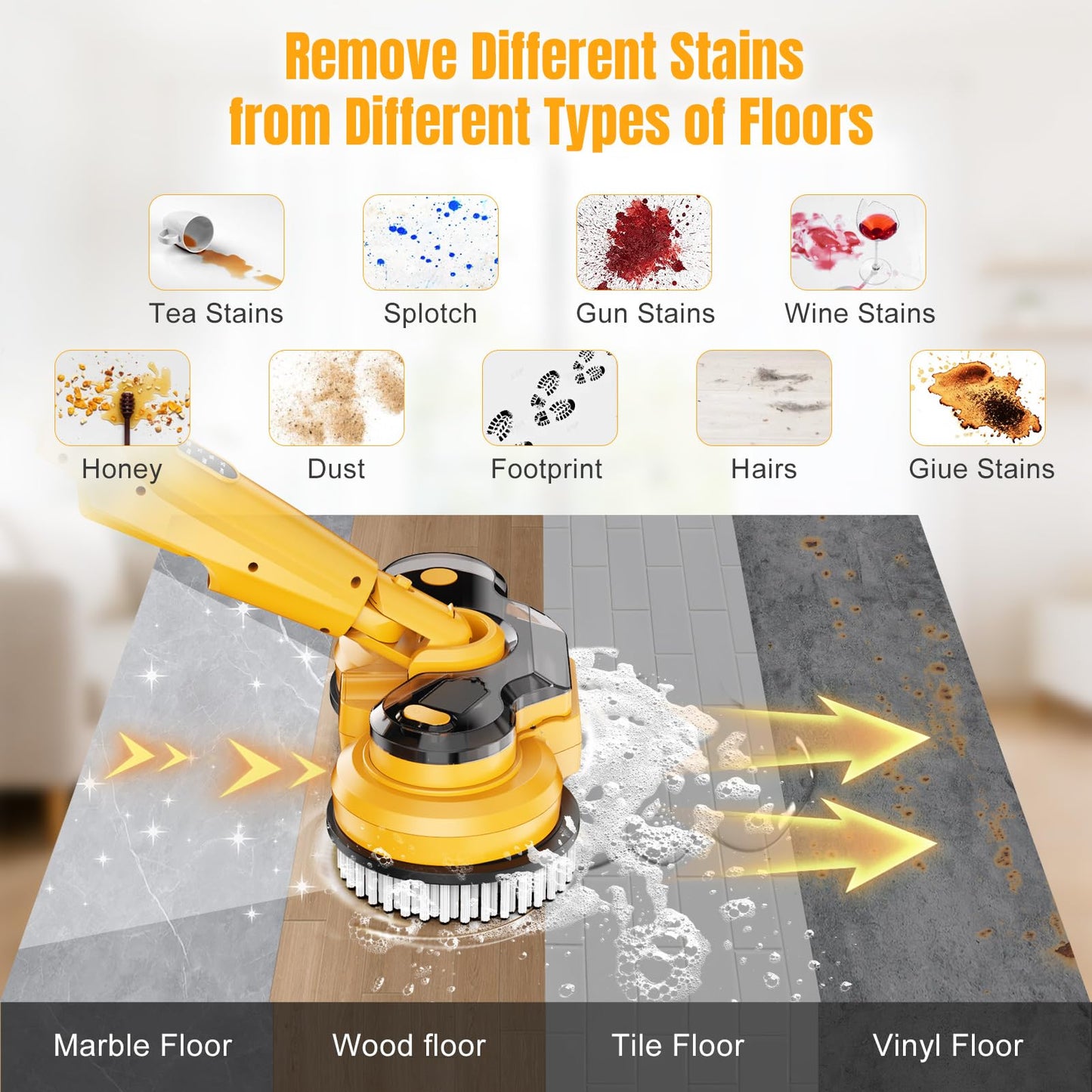 Cordless Electric Mop for Dewalt 20V Battery (NO Battery), 2 in 1 Spin Mop & Electric Floor Scrubber Machine with LED Light & Water Spray, 800 RPM Rotating Electric Mops for Floor Cleaning (Yellow)
