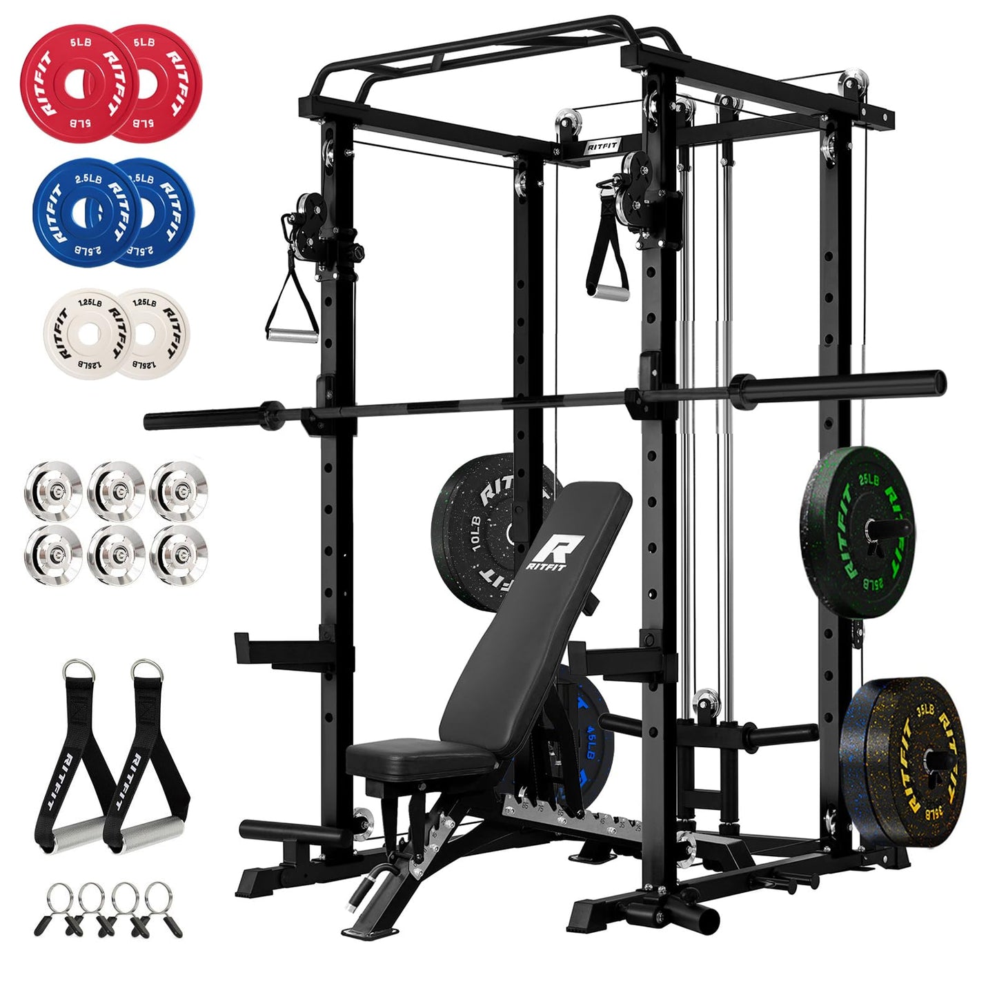 RitFit Squat Rack Power Cage Home Gym Package, Includes 1200LBS Power Rack with Cable Crossover System, Weight Bench, Weight Plate Set with Olympic Barbell (Package 1.7K (Bumper Plate 230LBS))-Black
