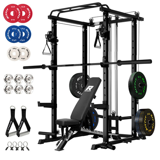 RitFit Squat Rack Power Cage Home Gym Package, Includes 1200LBS Power Rack with Cable Crossover System, Weight Bench, Weight Plate Set with Olympic Barbell (Package 1.7K (Bumper Plate 230LBS))-Black
