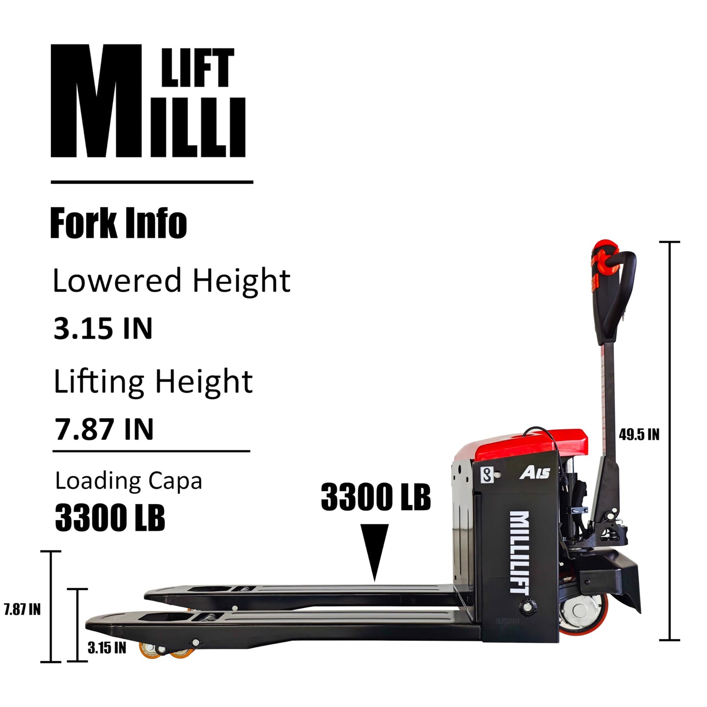 Millilift Electric Pallet Jack, 3300LB Capacity,Heavy-Duty Forks 45"x21", Powerful Drive Motor, 24V 40AH LiFePO4 Battery with Built-in Charger, 2–4H Runtime, for Warehouse,Logistics Company