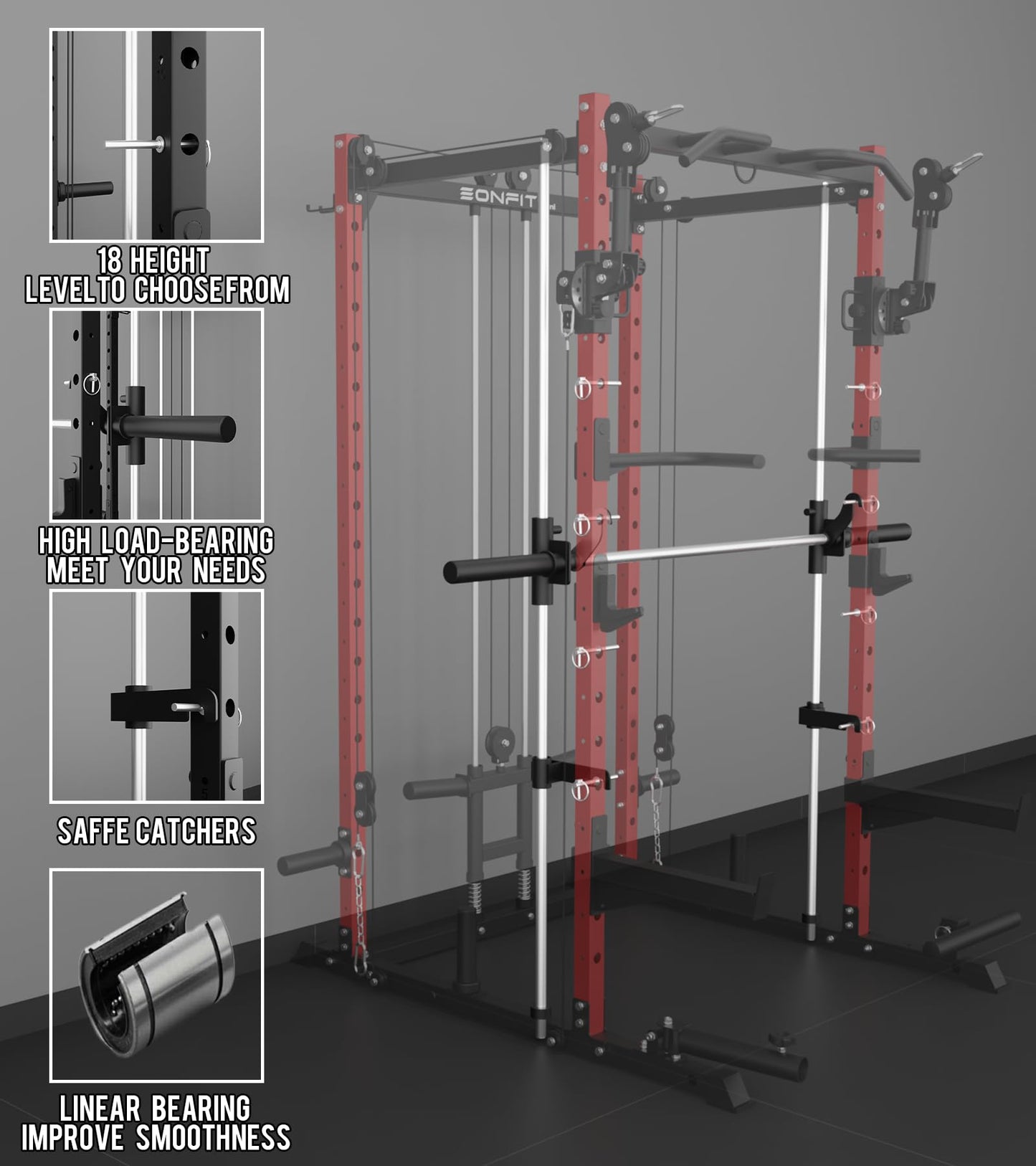 Eonfit E3 Smith Machine with 3D Rotating Arm for Home Gym Equipment, Multi-Function Power Cage Squat Rack with Cable Crossover LAT Pulldown Pulley System All in One (RED, PRO)