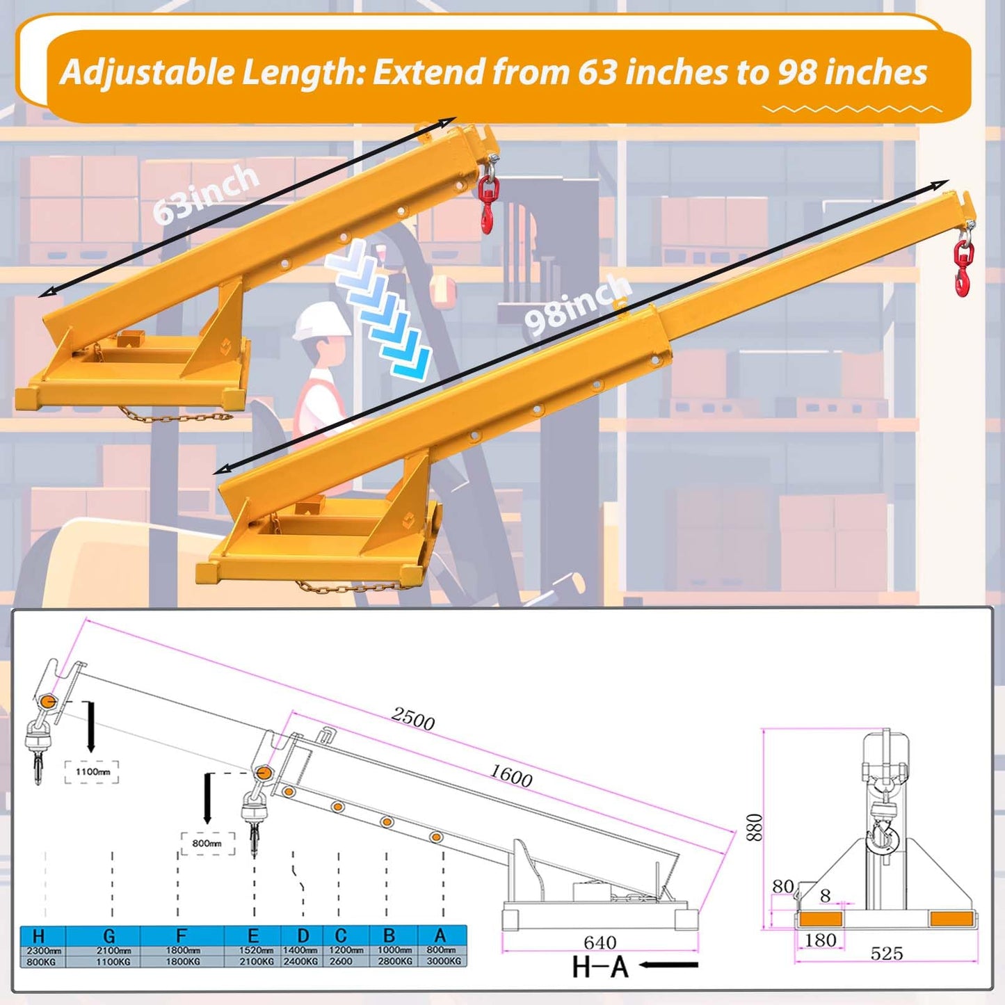 BREVELTION 6600LB Forklift Mobile Boom Crane, Telescopic Lifting Hook, Forklift Extension Attachments Jib Hoist Crane, with Telescopic Boom 63-98in, for Towing Material Handling