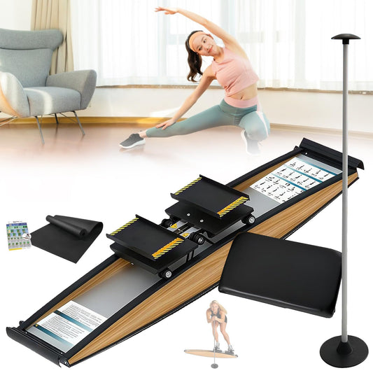 Indoor Ski Trainer, Balance Workout Simulator for Skiing, Exercise Machine with Adjustable Resistance, Includes Poles & Mats for Home Fitness