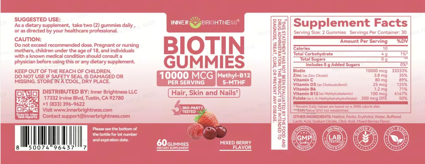 Inner Brightness Biotin Gummies 10,000 mcg – Hair, Skin and Nails Support for Women & Men – with Vitamins C, D3, B6, B12 & Folate – Mixed Berry Flavor, Sugar Free, 120 Count (2 Pack)