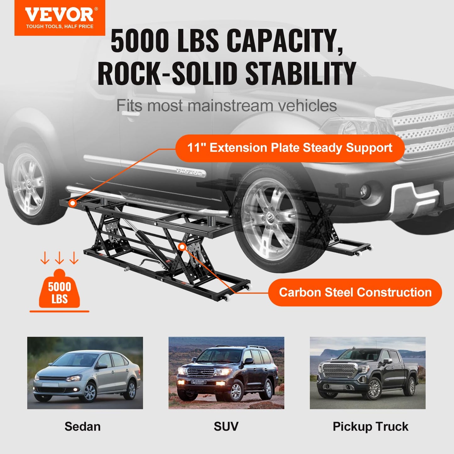 VEVOR Portable Car Lift - 5,000 LBS Capacity, Extended-Length Plates, 25.6" Max. Height, Heavy-Duty Carbon Steel Truck Lift with 120V Power Unit