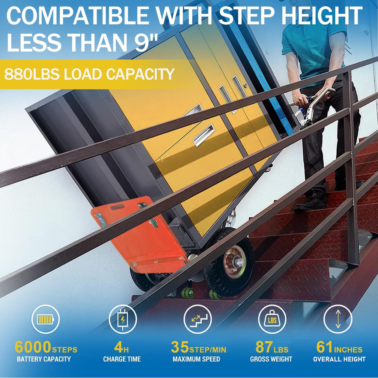RXFSP 880LB Capacity Electric Stair Climbing Hand Truck – Heavy-Duty Motorized Dolly for Straight & Curved Stairs, Effortless Heavy Load Transport