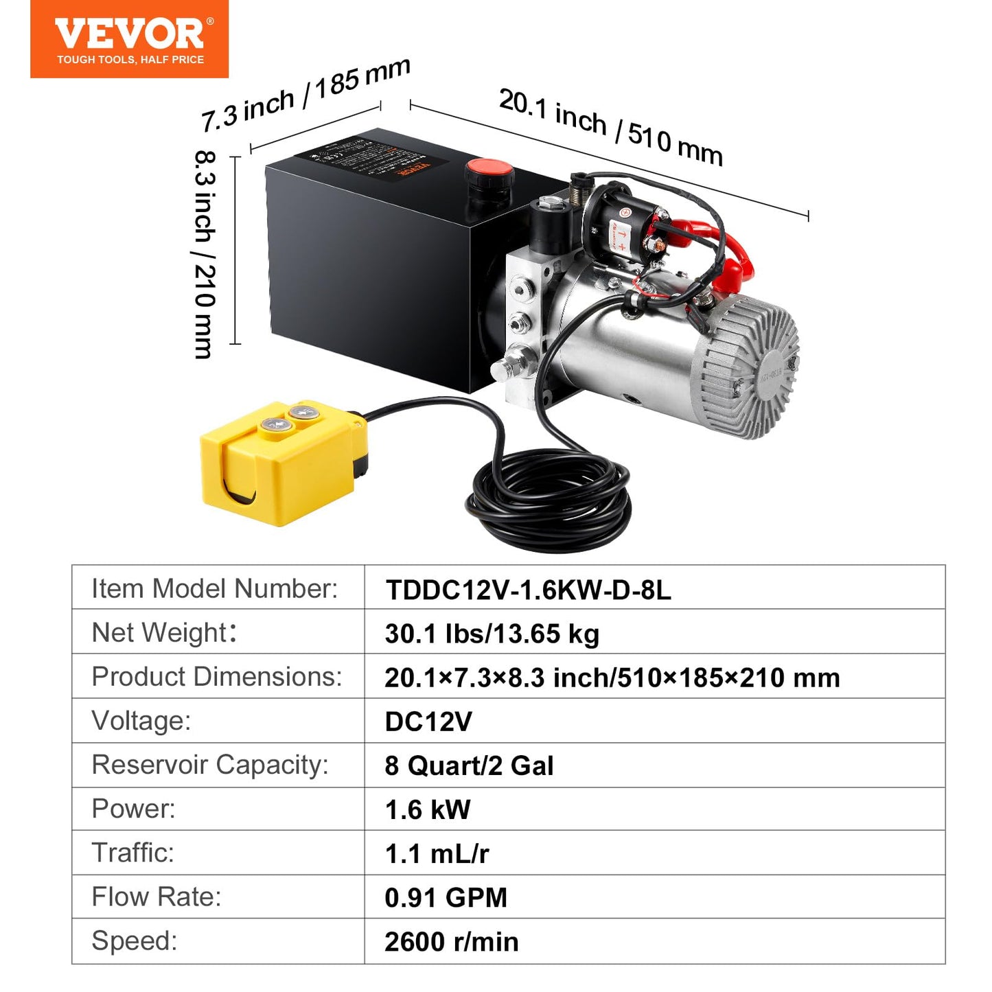 VEVOR Hydraulic Pump, 8 Quart Dump Trailer Pump, Single Acting Hydraulic Power Unit, 3200 PSI Max Relief Pressure, 0.91 GPM Flow Rate, Hydraulic Pump Power Unit for Dump Trailer Car Lifting