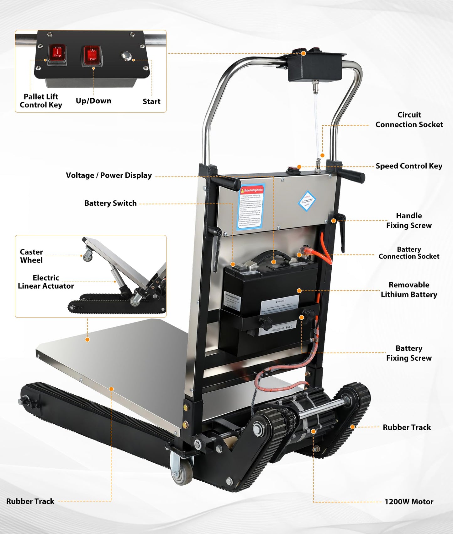 Electric Stair Climbing Dolly, 1250W Electric Stair Climbing Hand Truck, 900lbs Max Load Capacity, 3 Mode Folding Stair Climber Hand Trucks with Telescopic Handle for Moving9
